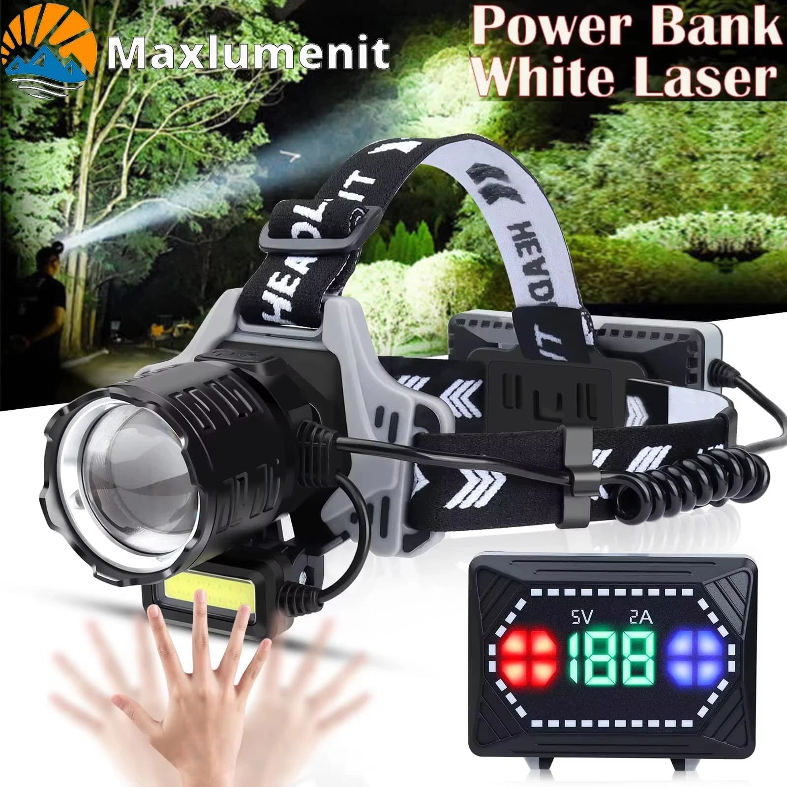 Lampe frontale LED 12000 lumens étanche IPX7 pour pêche nocturne avec capteur et portée 1500m