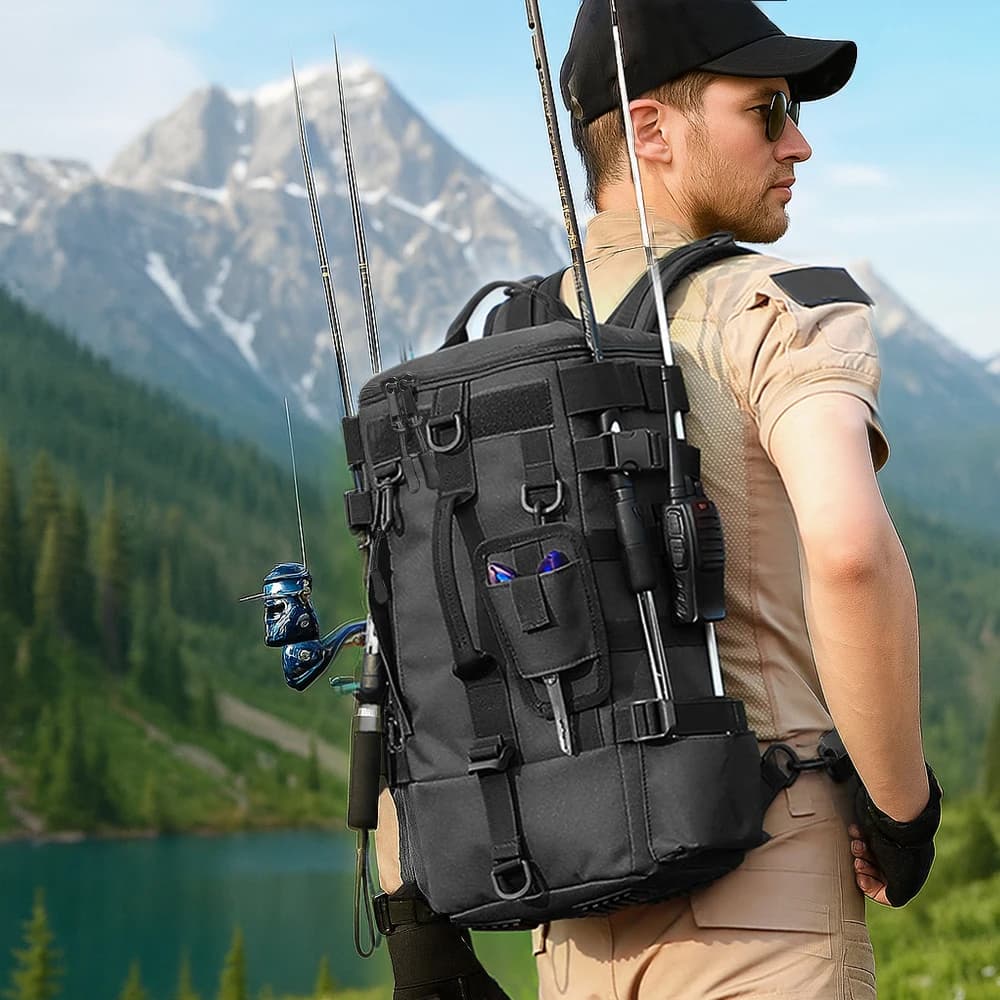 Sac à dos tactique de pêche avec MOLLE - Équipement de pêche et outdoor multifonction avec porte-cannes