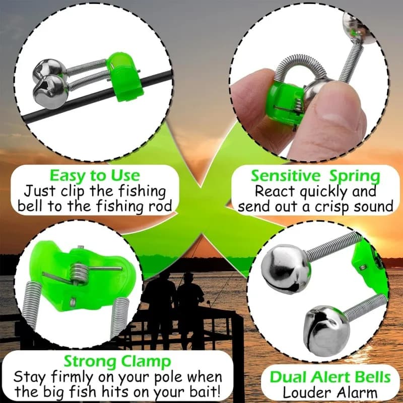 Clips avec cloches pour canne pêche nuit - Indicateur morsure poisson - Alarme double cloches pêche