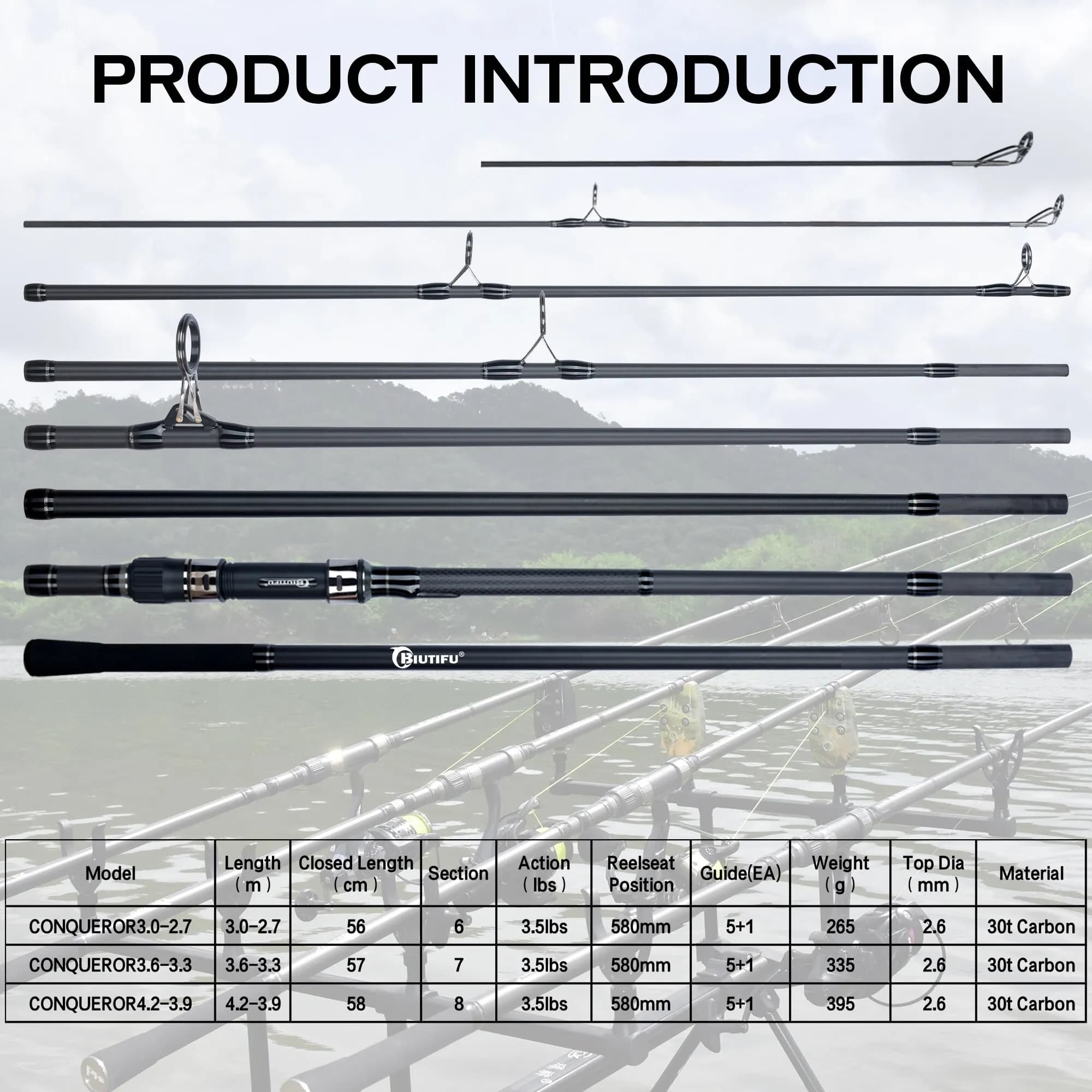Canne BIUTIFU 2Tips Carp Fishing Rod 3.5lb Carbone 30t pour pêche à la carpe en shore casting