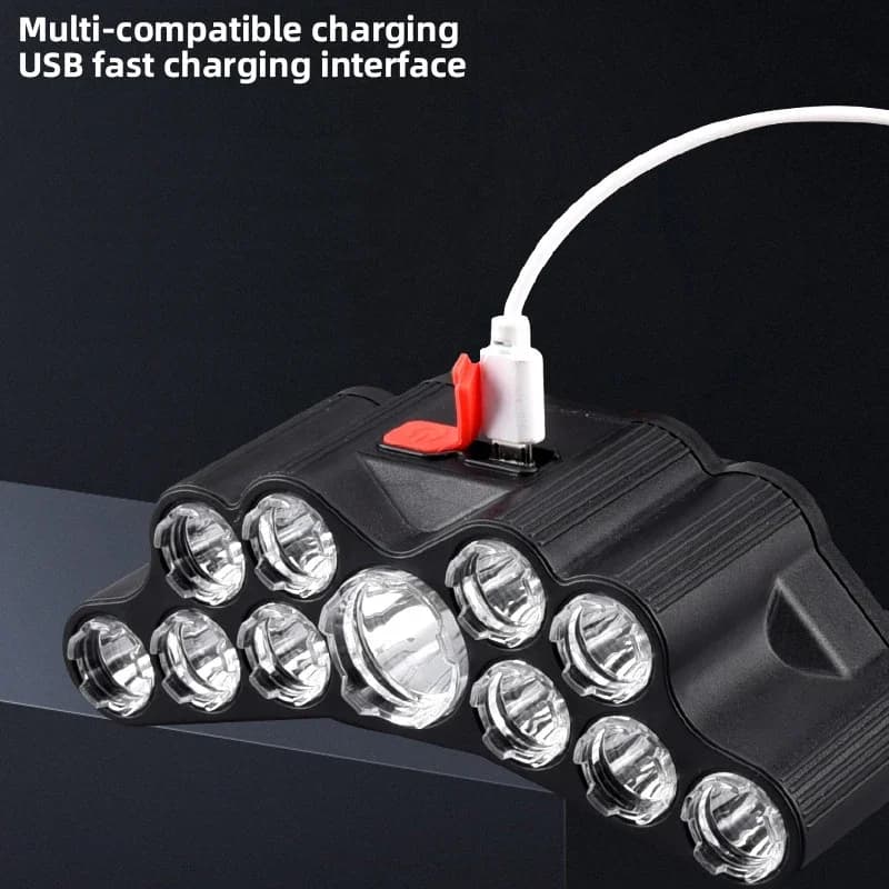 Lampe frontale 5/11 LED avec batterie 18650 intégrée USB rechargeable pour pêche outdoor - Polyvalente