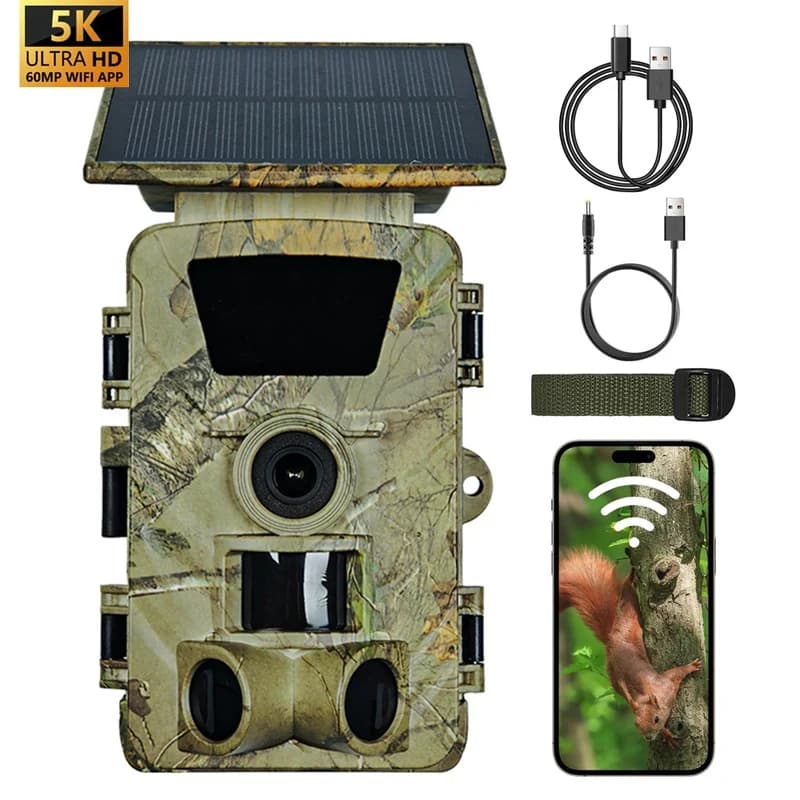 Caméra de chasse solaire 5K 60MP WiFi étanche IP66 grand angle vision nocturne surveillance