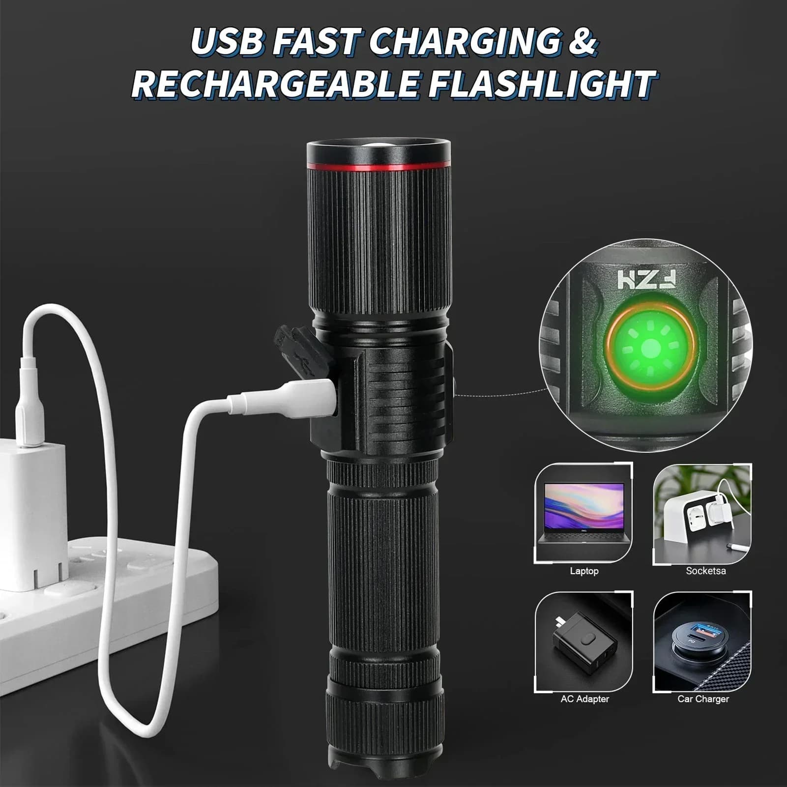 Lampe torche LED laser blanche 30W zoom rechargeable USB éclairage extérieur camping pêche