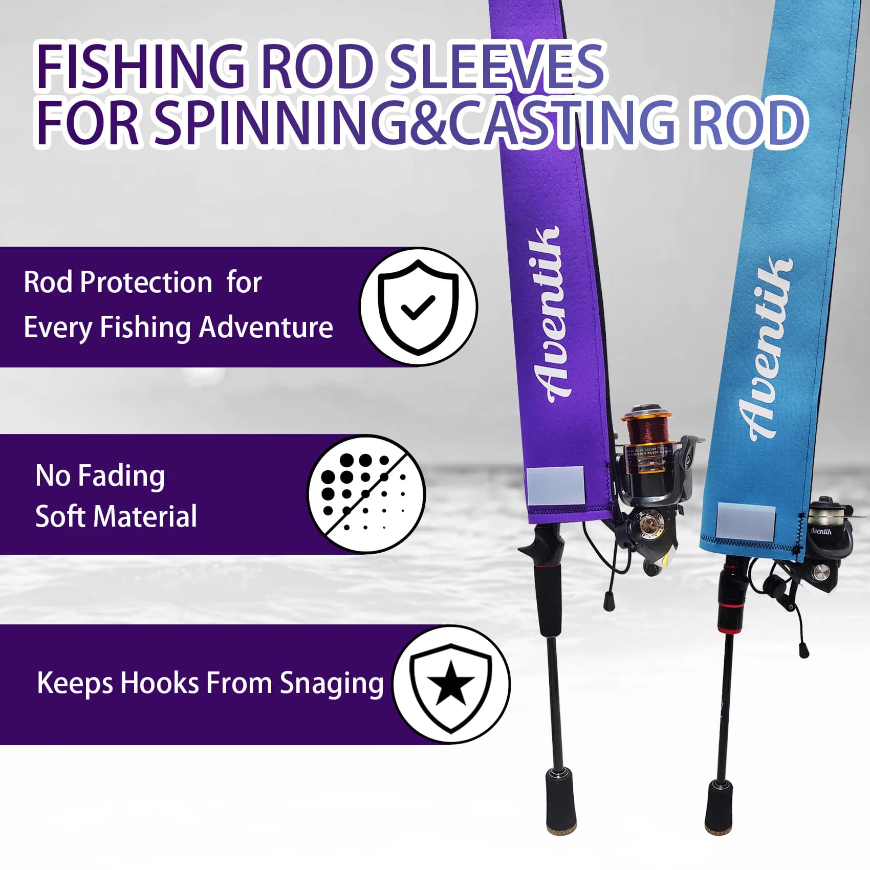 Protection canne à pêche néoprène flottante Aventik - Manche étiqueté pour spinning casting trolling