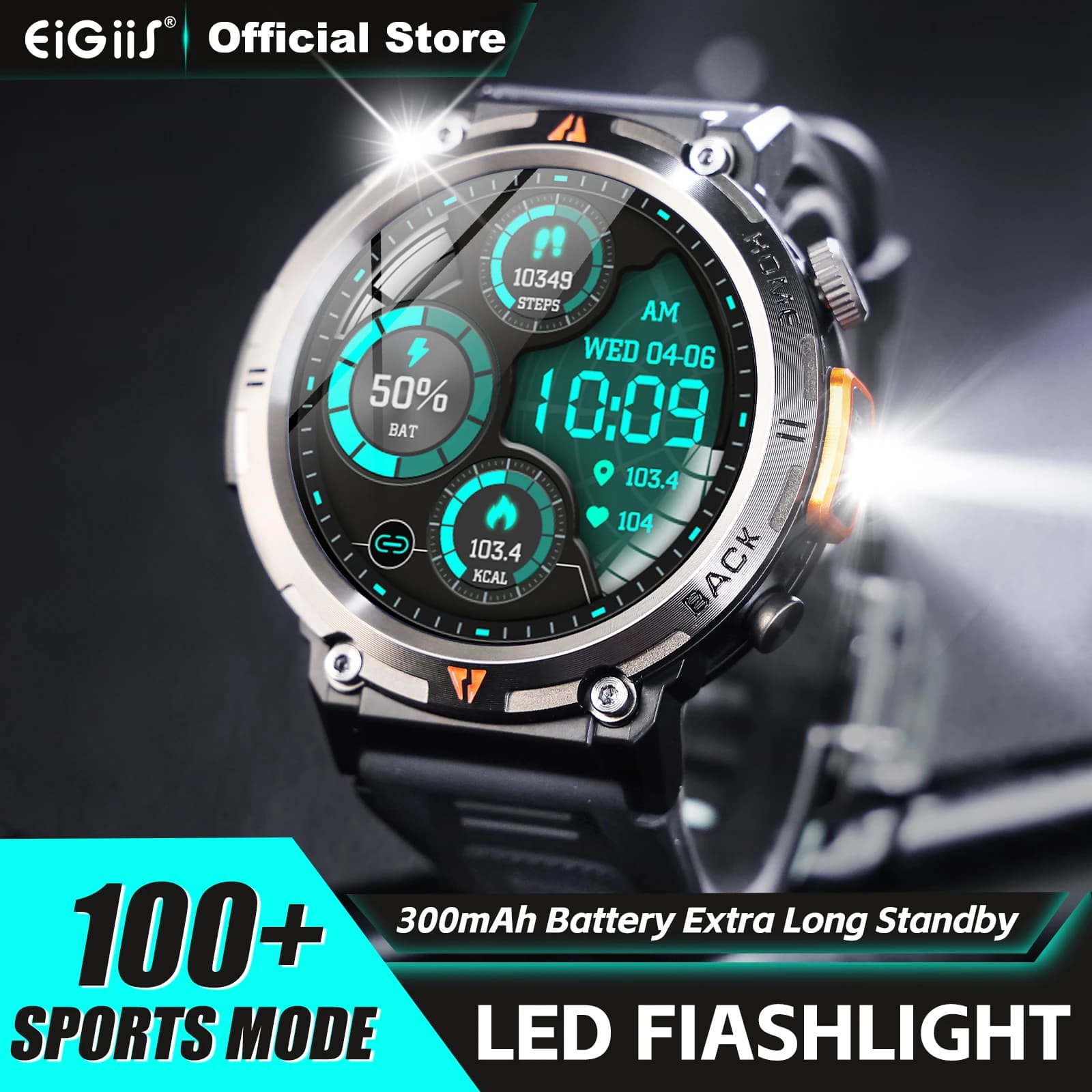 Montre EIGIIS KE3 - Design original pour hommes, lampe torche, 100+ modes sport et étanche 3ATM
