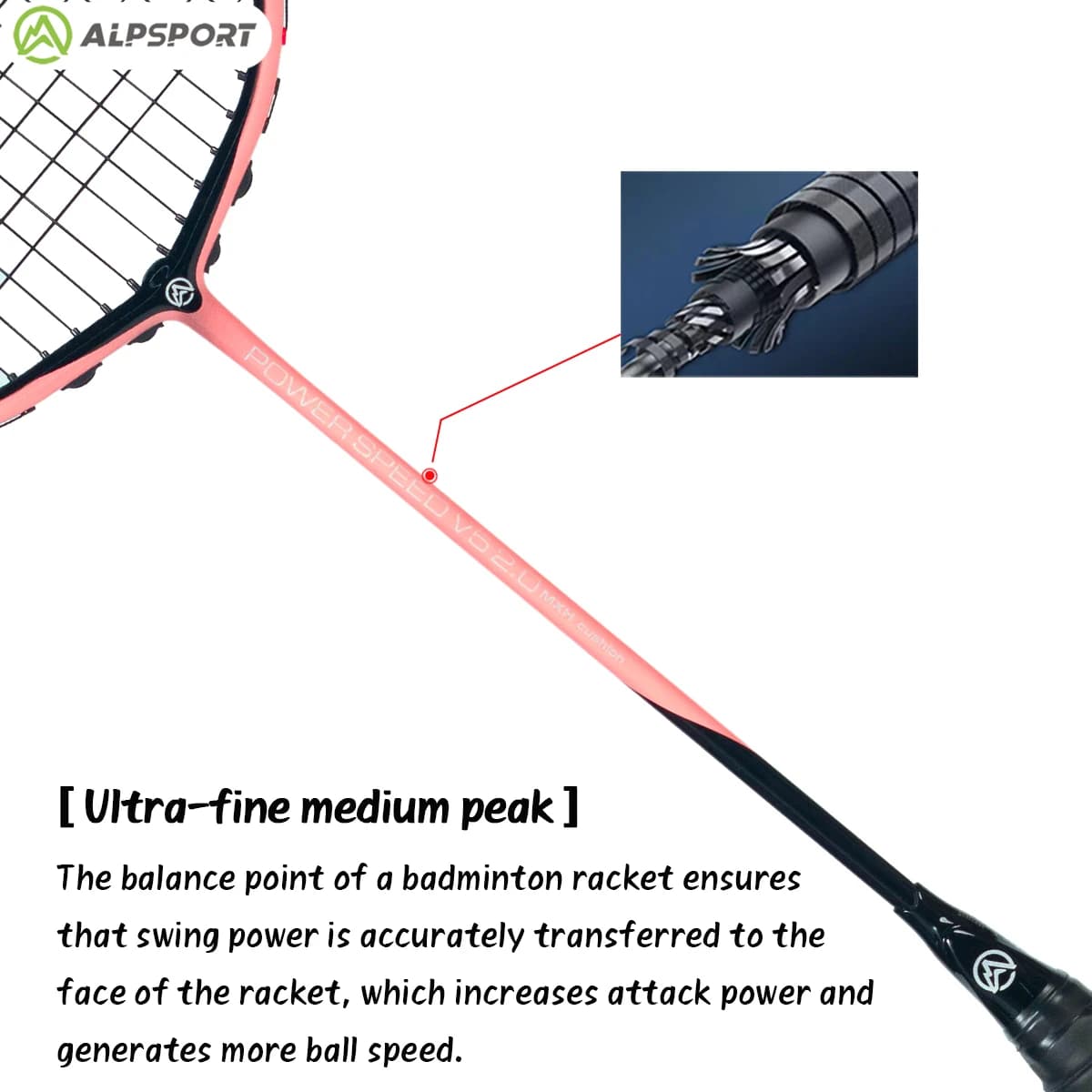 Raquette badminton offensive ALP V5 2.0 ultralégère 4U carbone original ALPSPORT pour attaques puissantes