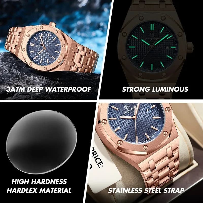 Montre homme quartz luxe dorée étanche lumineuse affichage date acier inoxydable élégante professionnelle