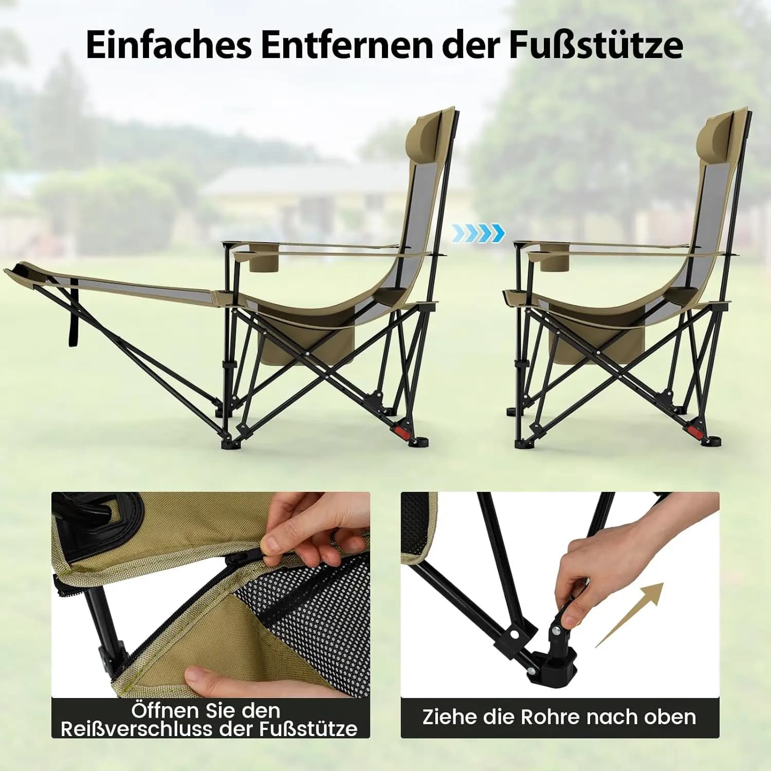 Chaise de pêche pliante avec repose-pieds amovible et dossier réglable couleur kaki