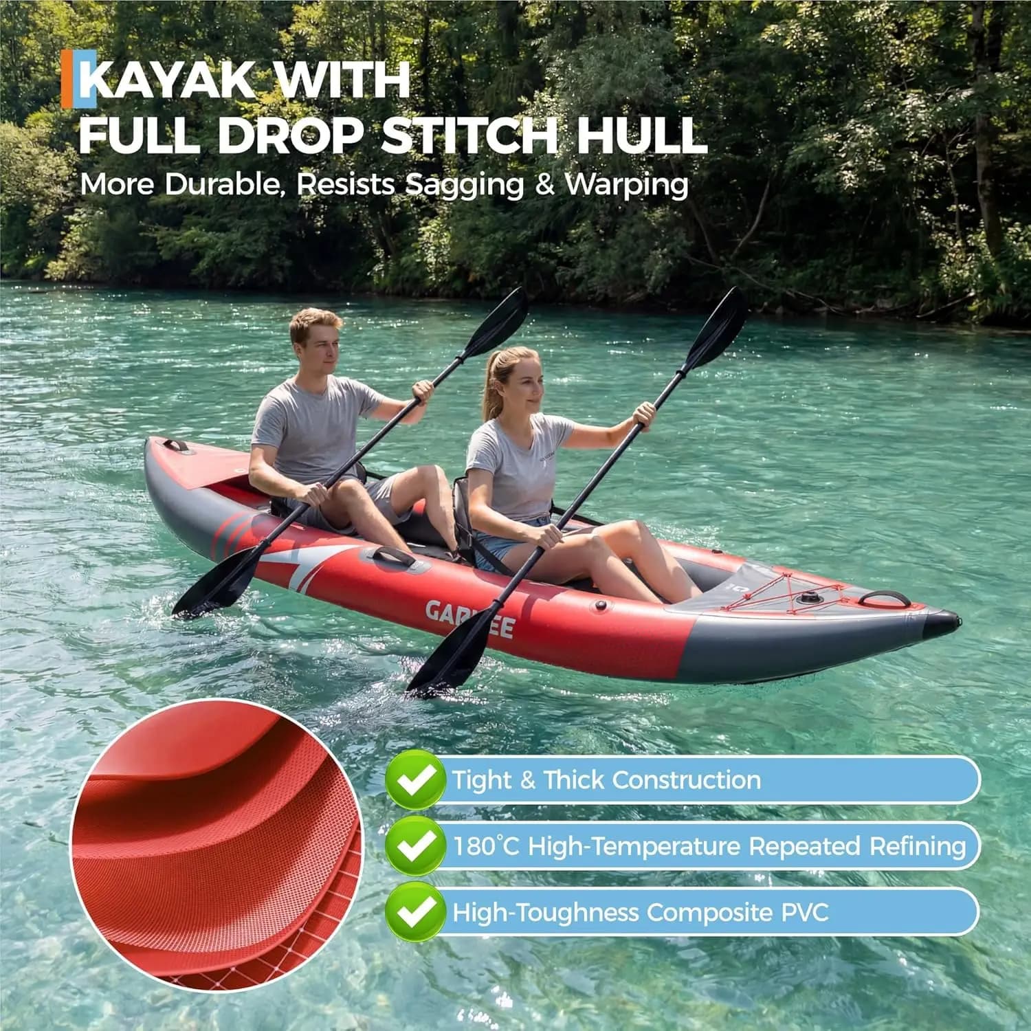 Kayak gonflable pêche et randonnée 2 places adultes - Sièges rembourrés, 3 dérives, capacité 204kg