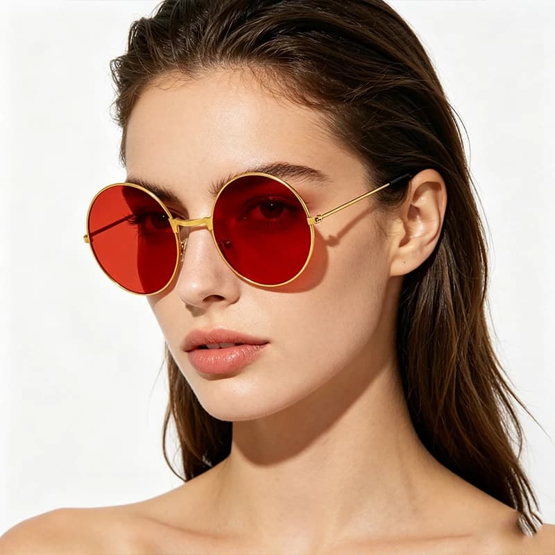 Lunettes de soleil vintage rondes unisexe pour pêche - Cadre métal rouge jaune protection UV marine