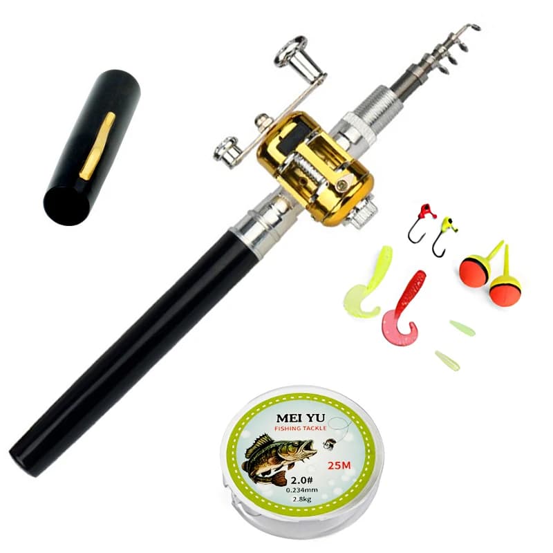 Kit complet pêche portable poche télescopique canne moulinet ligne accessoires forme stylo 96cm débutant