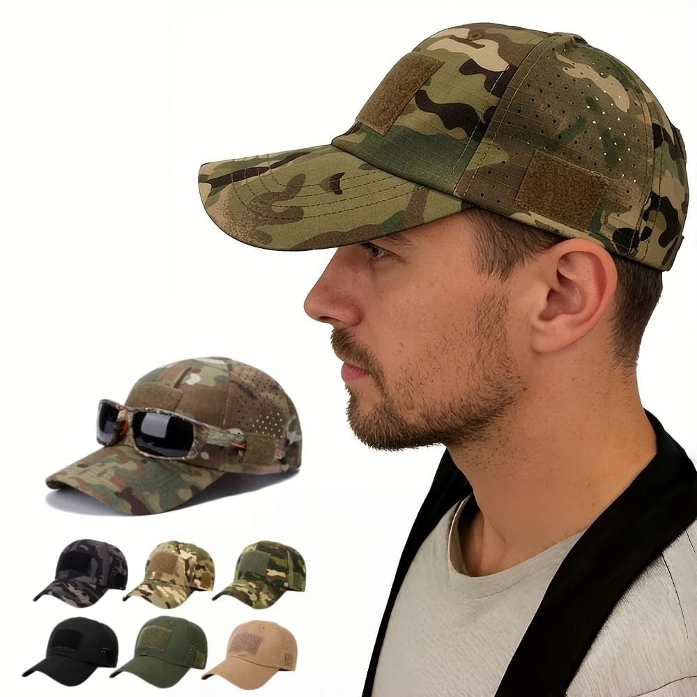 Casquette baseball camouflage militaire pêche - Casquette tactique avec velcro et porte-lunettes