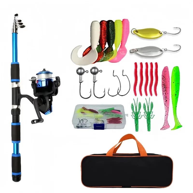 Kit de pêche télescopique complet avec canne, moulinet, leurres et hameçons pour voyage