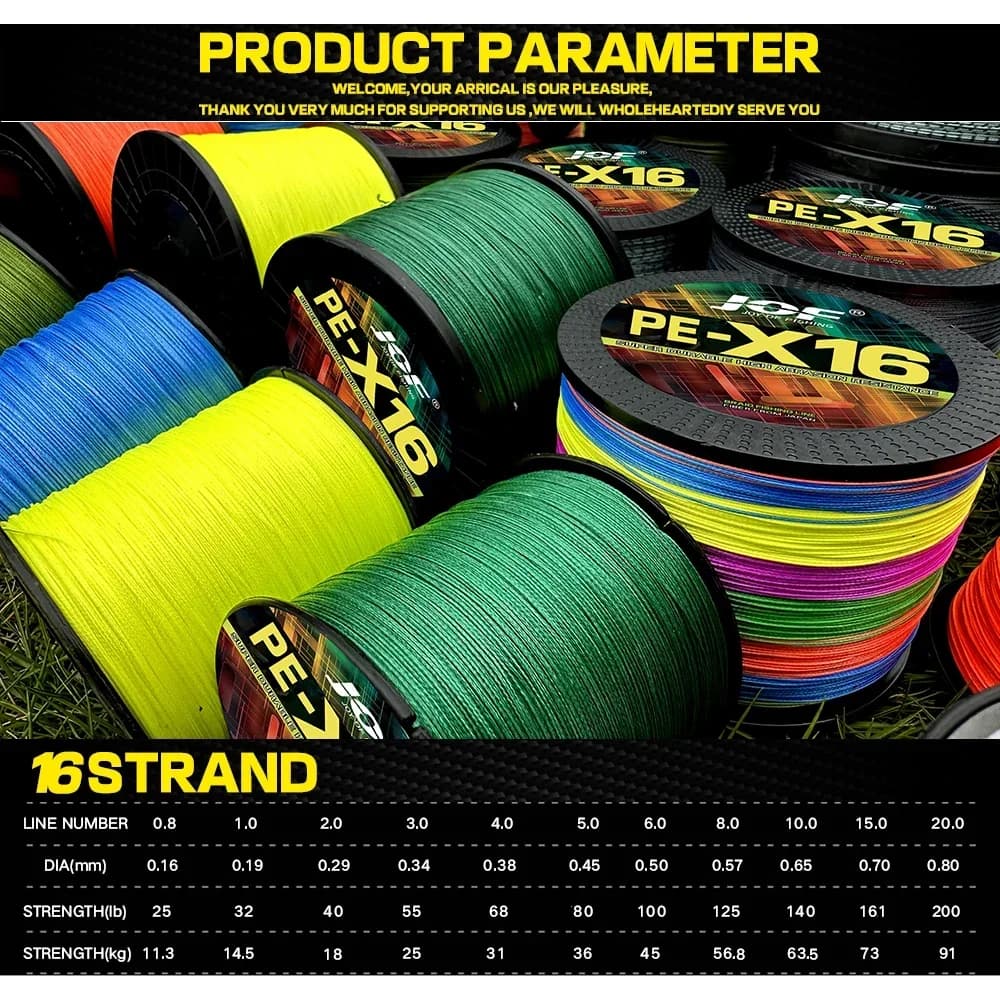 Ligne de pêche PE multifilament JOF 16 brins 1000M extrêmement résistante 25-200LB pour pêche sportive