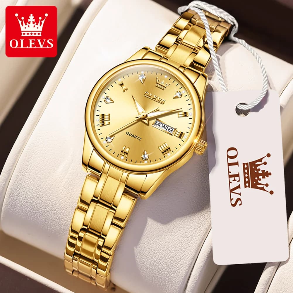 Montre femme luxe OLEVS diamants or acier inoxydable étanche calendrier date cadran lumineux bracelet métal