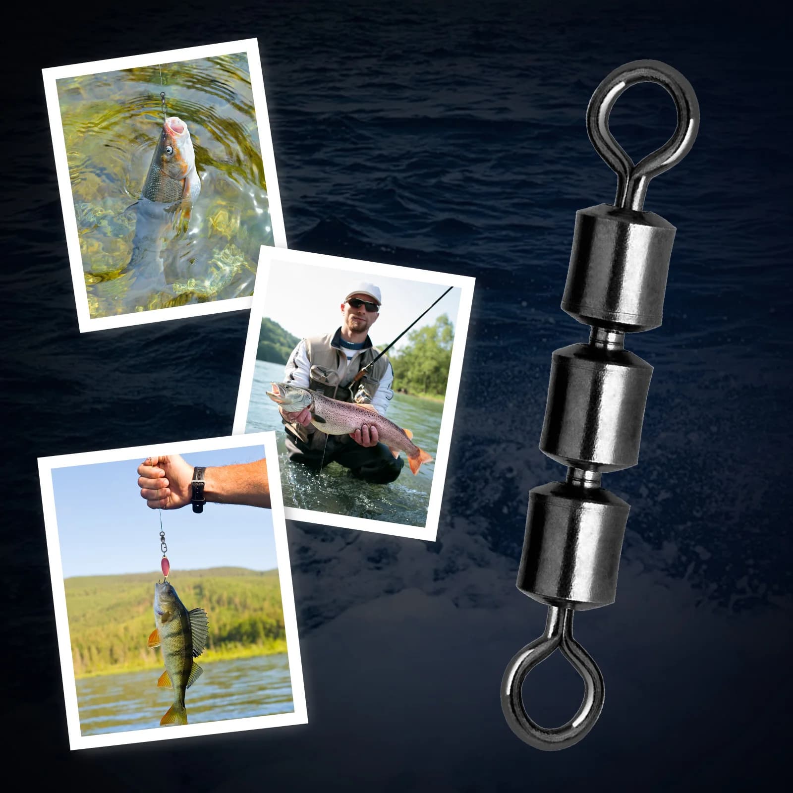 Lot de 3 émerillons rouleaux triple roulement acier inoxydable 15 à 60 pièces pour pêche rapide