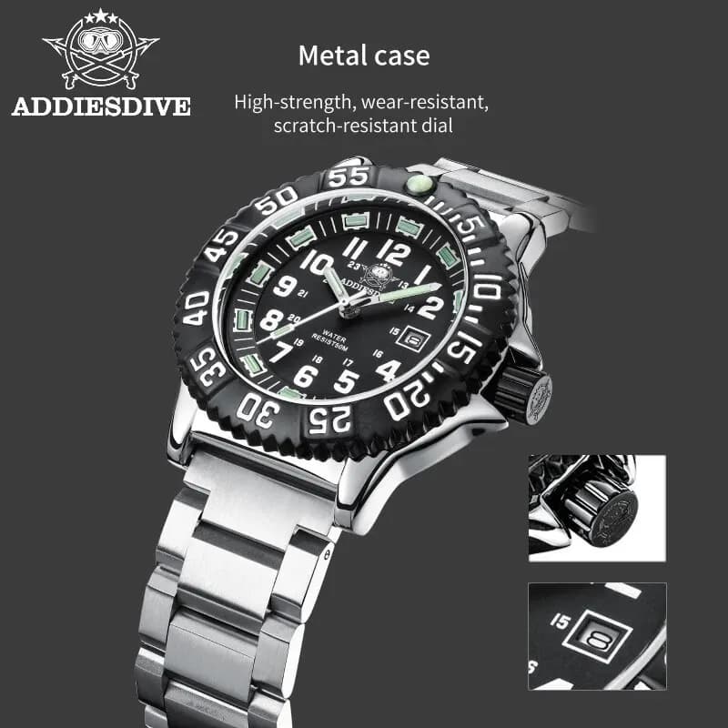 Montre plongée Addies Dive 50m étanche - Cadran noir lumineux - Lunette tournante - Style casual homme