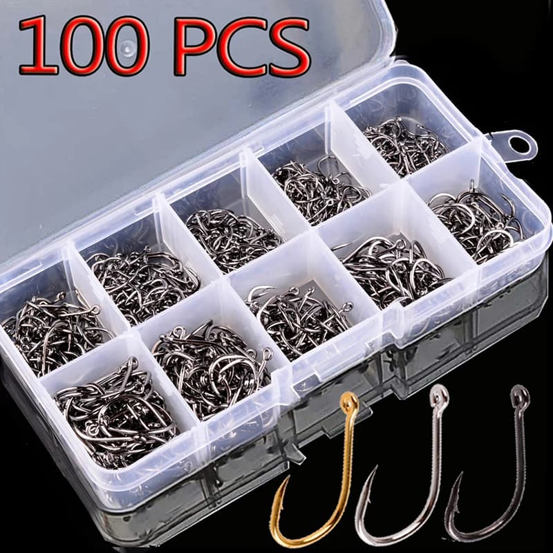 Boîte 100 hameçons pêche 10 séries acier haute teneur carbone pour carpe et pêche à la mouche