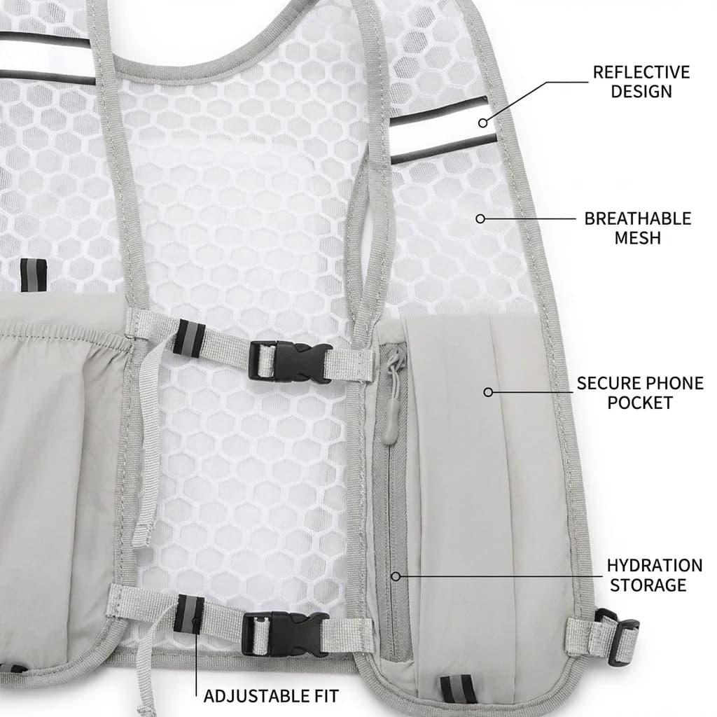 Veste running hydratation pêche légère - Gilet porte-bidon réfléchissant avec rangement téléphone pour pêche
