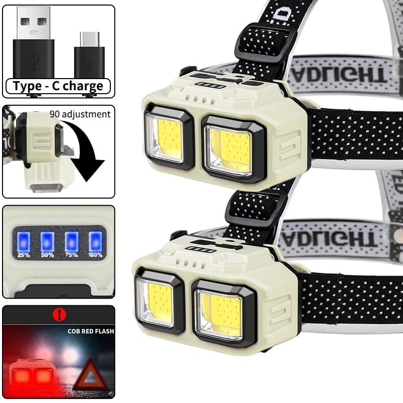 Lampe frontale COB puissante étanche rechargeable USB pour pêche, camping et activités outdoor