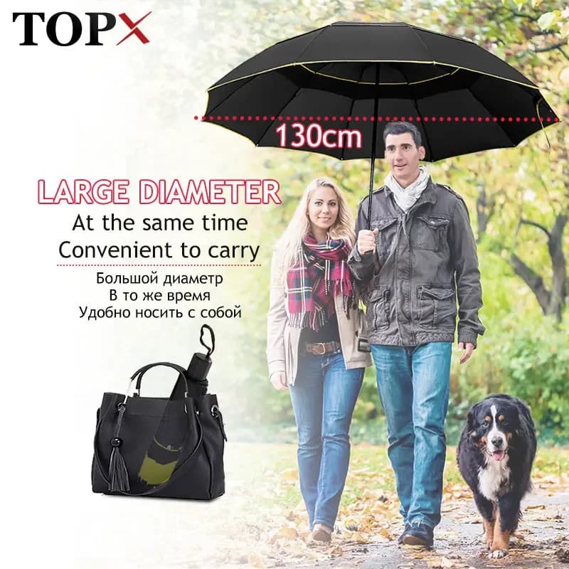 Parapluie double résistance au vent 130cm - Grand format pliant non automatique - Hommes femmes famille