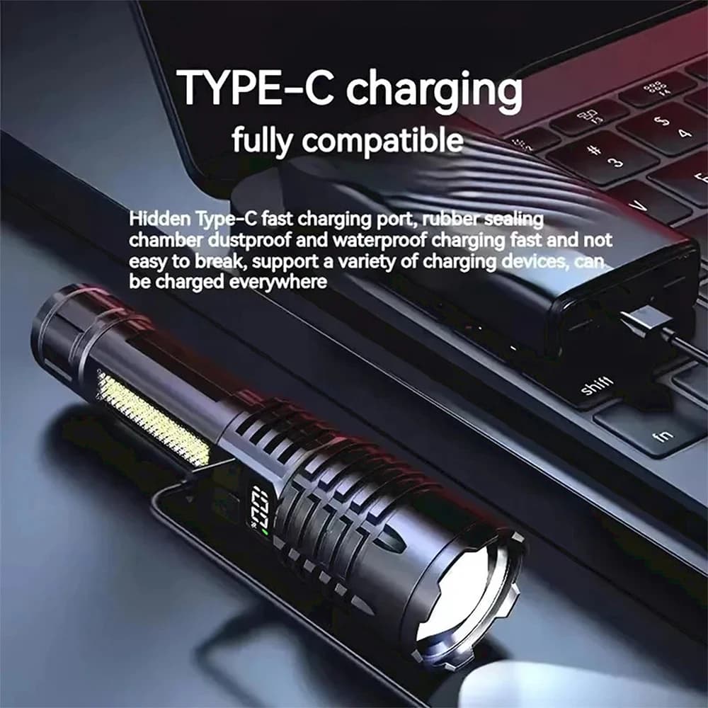 Lampe torche LED rechargeable TYPE-C haute puissance - Projecteur COB lumière latérale pêche camping