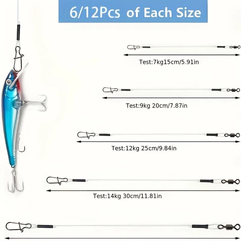 12 bas de ligne fluorocarbone avec émerillons tournants 360° pour pêche brochet, black bass mer et eau douce