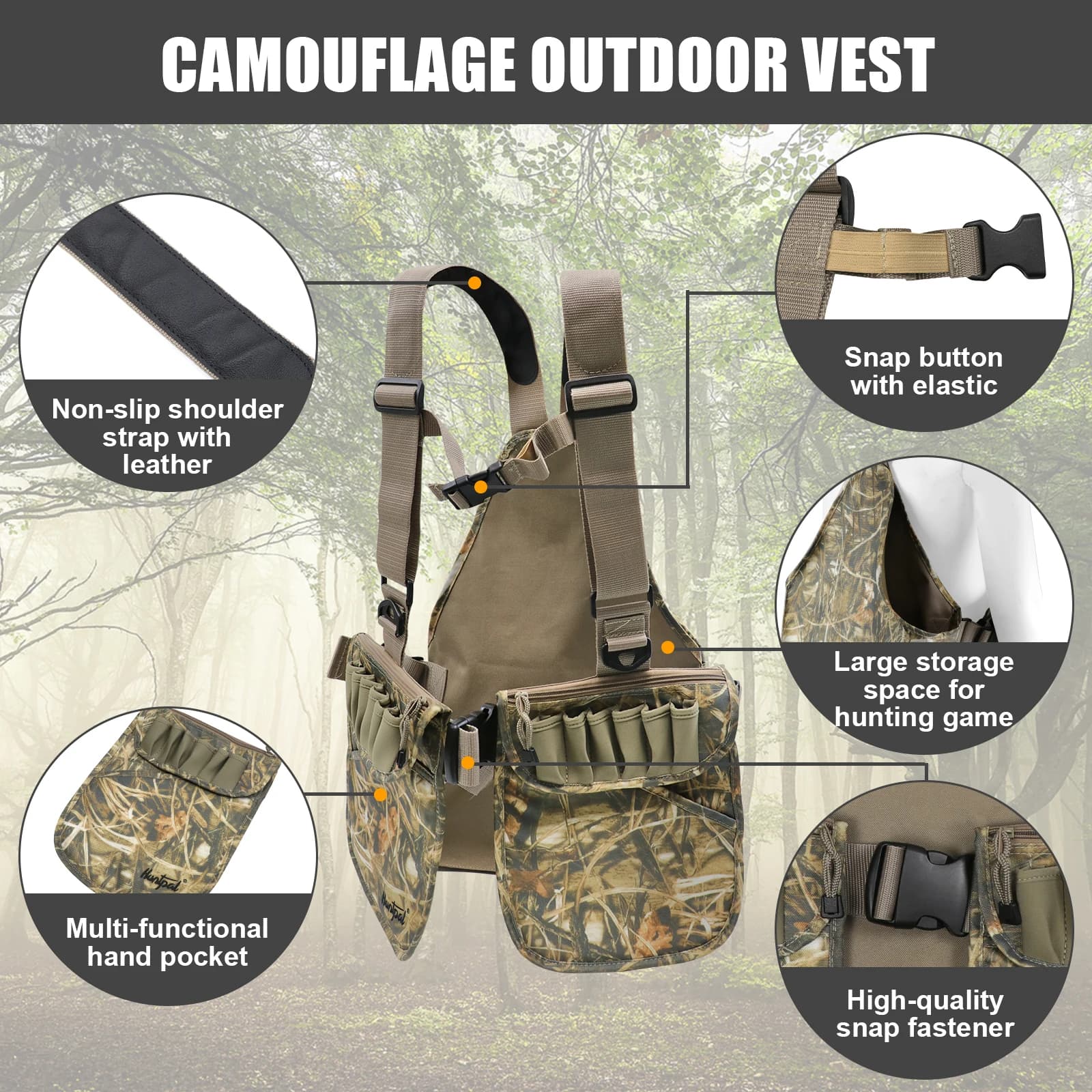 Gilet chasse camouflage upland - Veste légère canard avec poches pour pêche et chasse au gibier