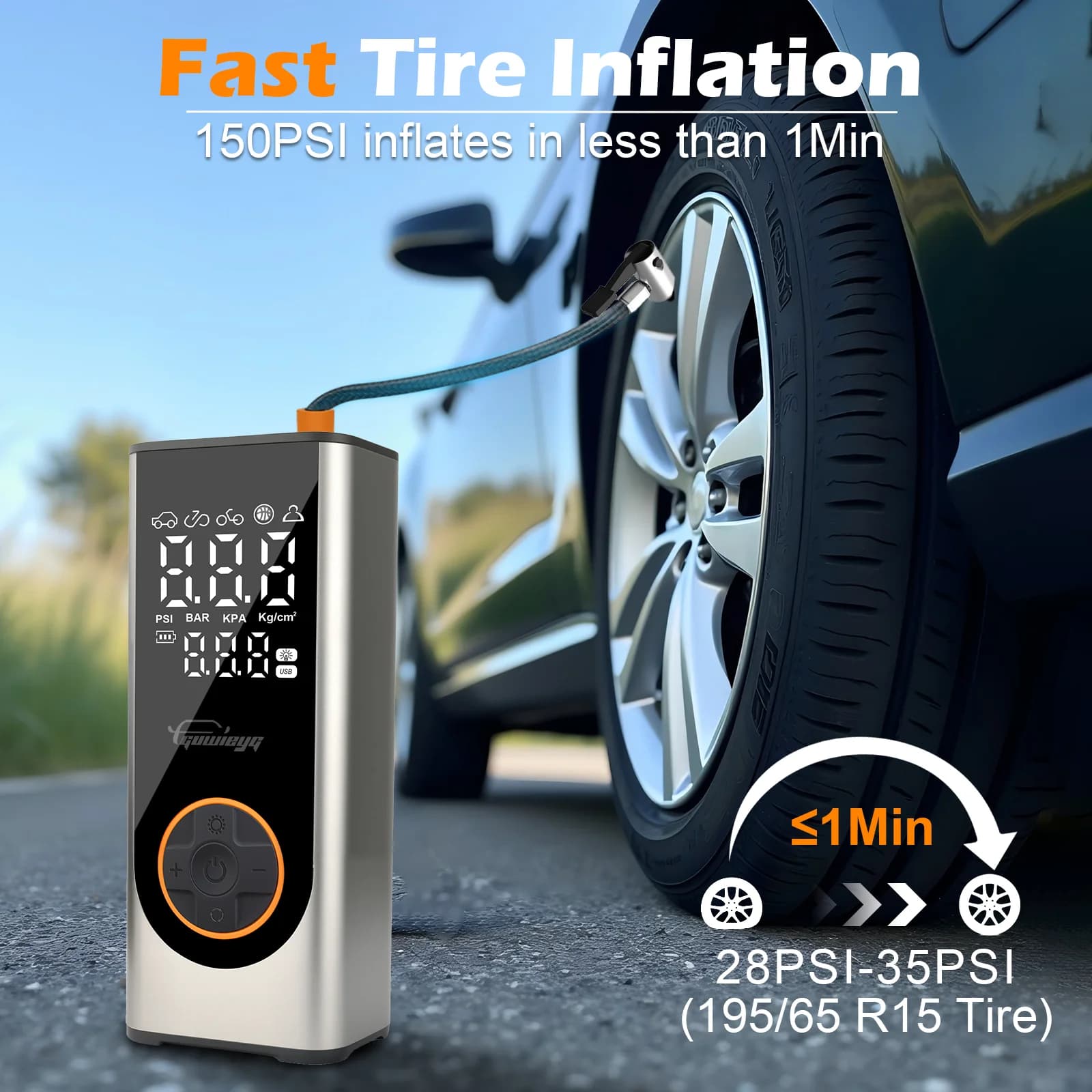 Gonfleur électrique sans fil GUWIEYG intelligent avec détection de pression digitale - Pour voiture et vélo portable