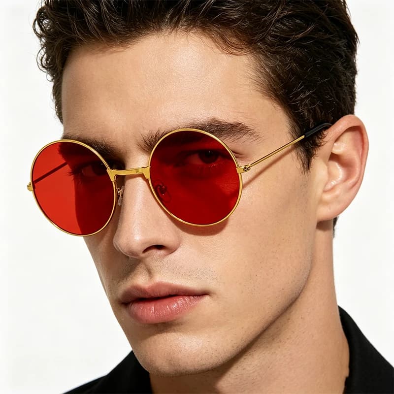 Lunettes de soleil vintage rondes unisexe pour pêche - Cadre métal rouge jaune protection UV marine