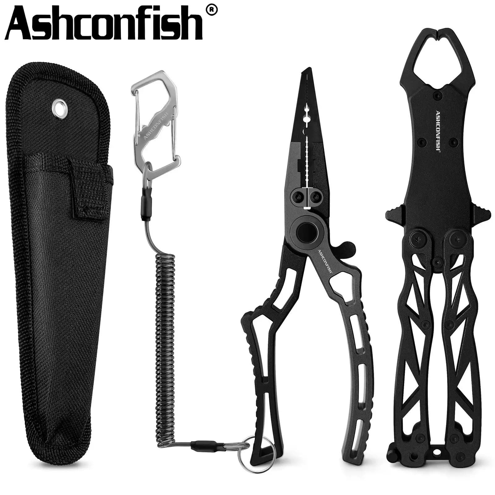 Kit complet pêche Ashconfish en alliage aluminium - Pince, décrocheur, pèse-poisson et ciseaux