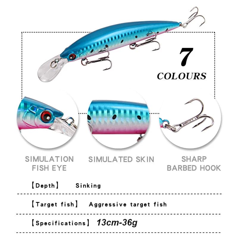 Leurre minnow plongeant YUCONG 1PX 13cm 36g pour pêche traîne mer et eau douce silencieux