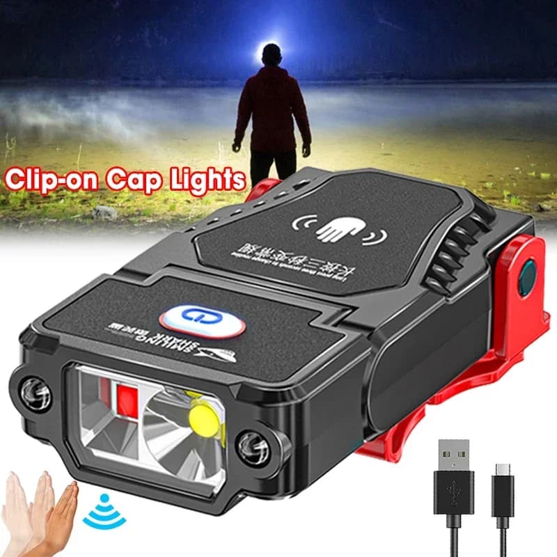 Mini lampe frontale pêche capteur LED ajustable sur casquette étanche USB rechargeable