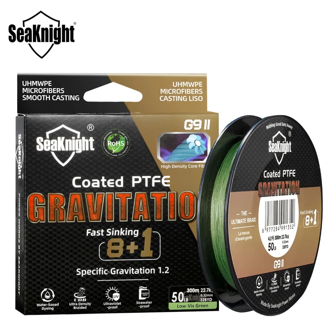 Ligne de pêche tressée SeaKnight Gravitation G9 II coulante 300m, imprégnée PTFE résistante eau salée et UV