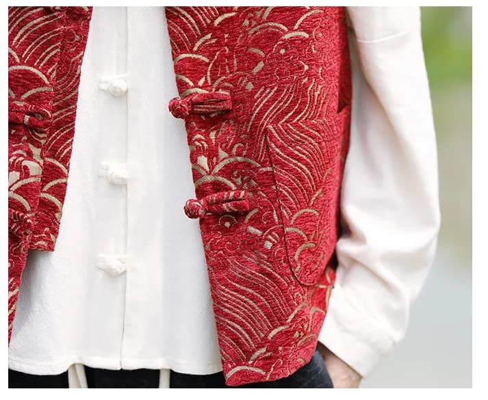 Veste chinoise traditionnelle homme en Jacquard rouge avec boucles disques pour pêche à la carpe