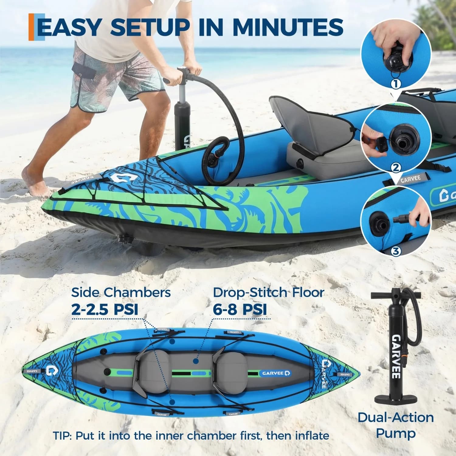 Kayak gonflable 2 places portable pêche et touring avec siège rembourré et kit réparation