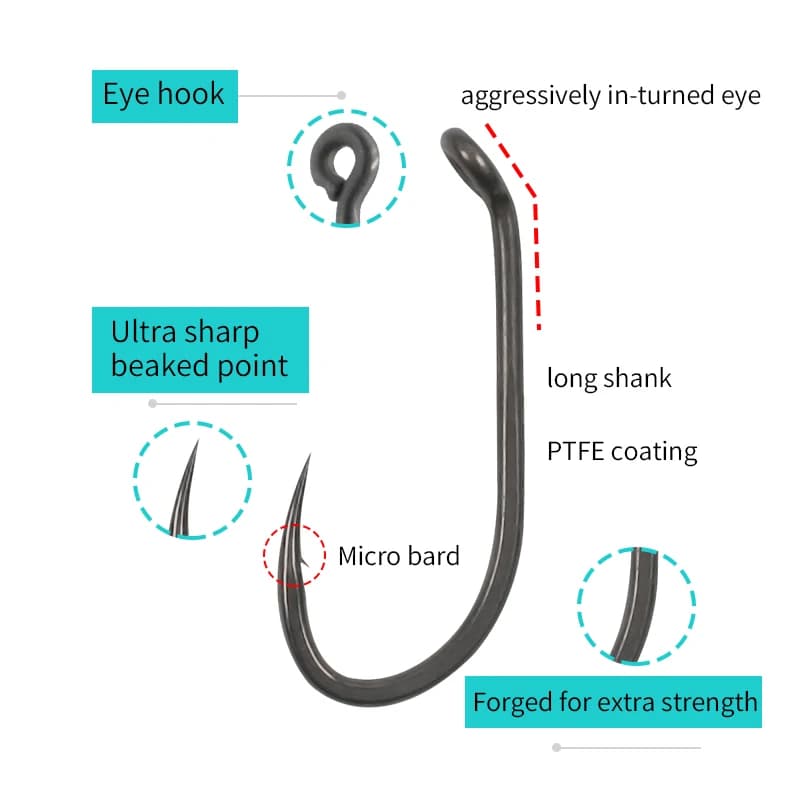Hameçons carpe 10 pièces longue hampe micro barbelés tailles 2/4/6/8 revêtement PTFE ultra tranchants pour montage hair rig