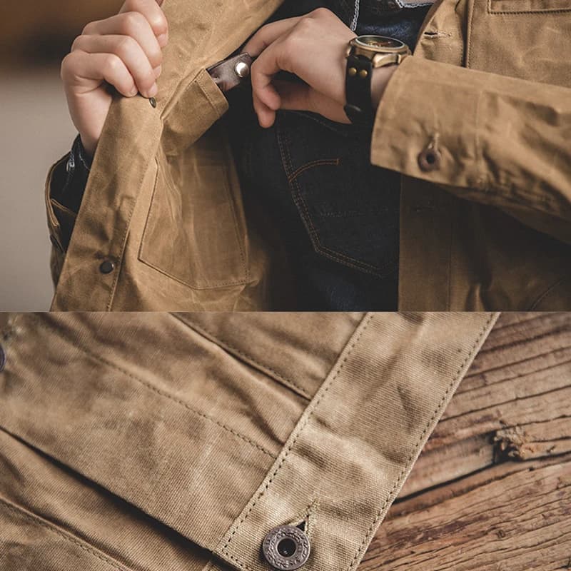 Veste canvas cirée vintage homme pêche - Veste multi-poches imperméable style pêcheur classique