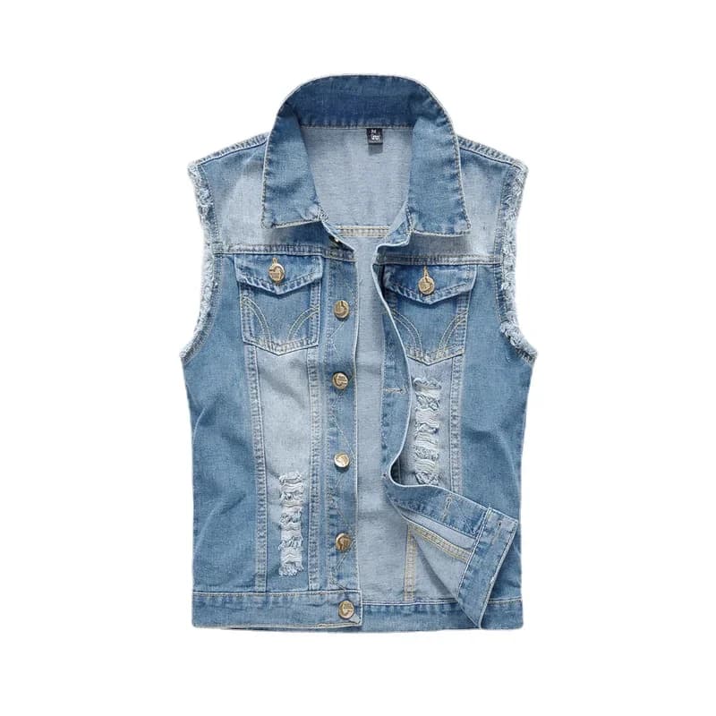 Gilet denim pêche décontracté grande taille 6XL - Veste jeans déchirée bleu clair noir mode pêcheur