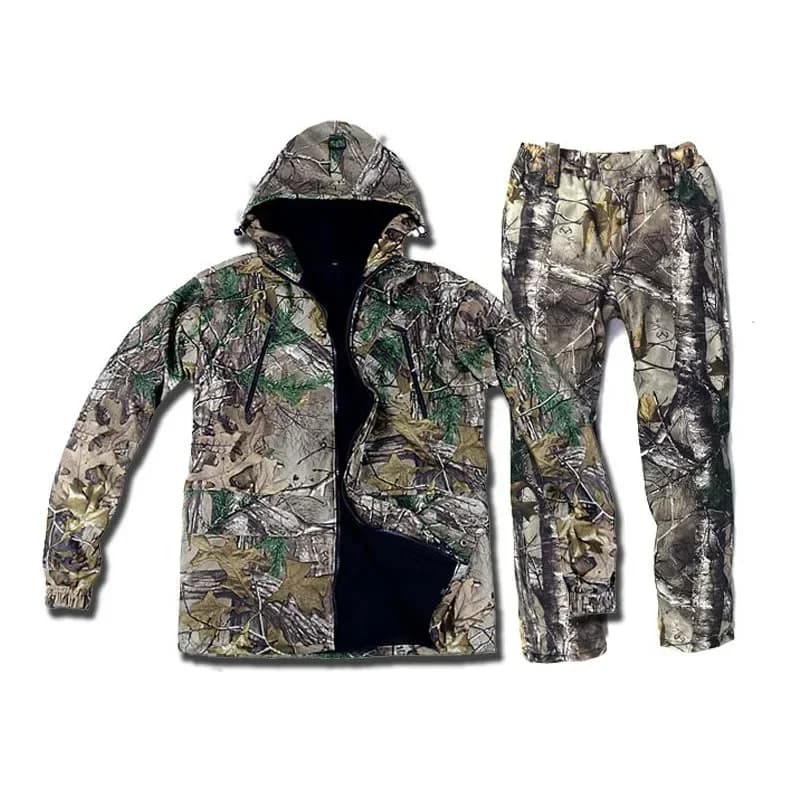 Tenue camouflage bionique 4 pièces hiver pour pêche en eau froide - Veste pantalon gants bonnet