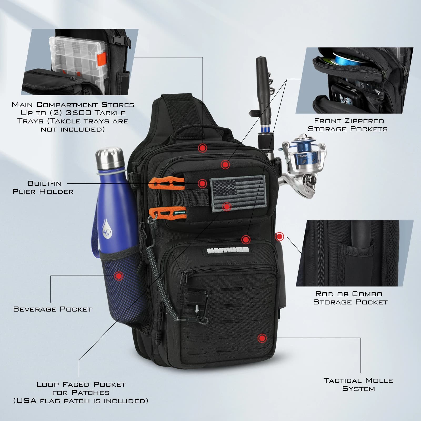 Sac bandoulière tactique KastKing BlowBak - sac de pêche léger pour équipement extérieur et accessoires
