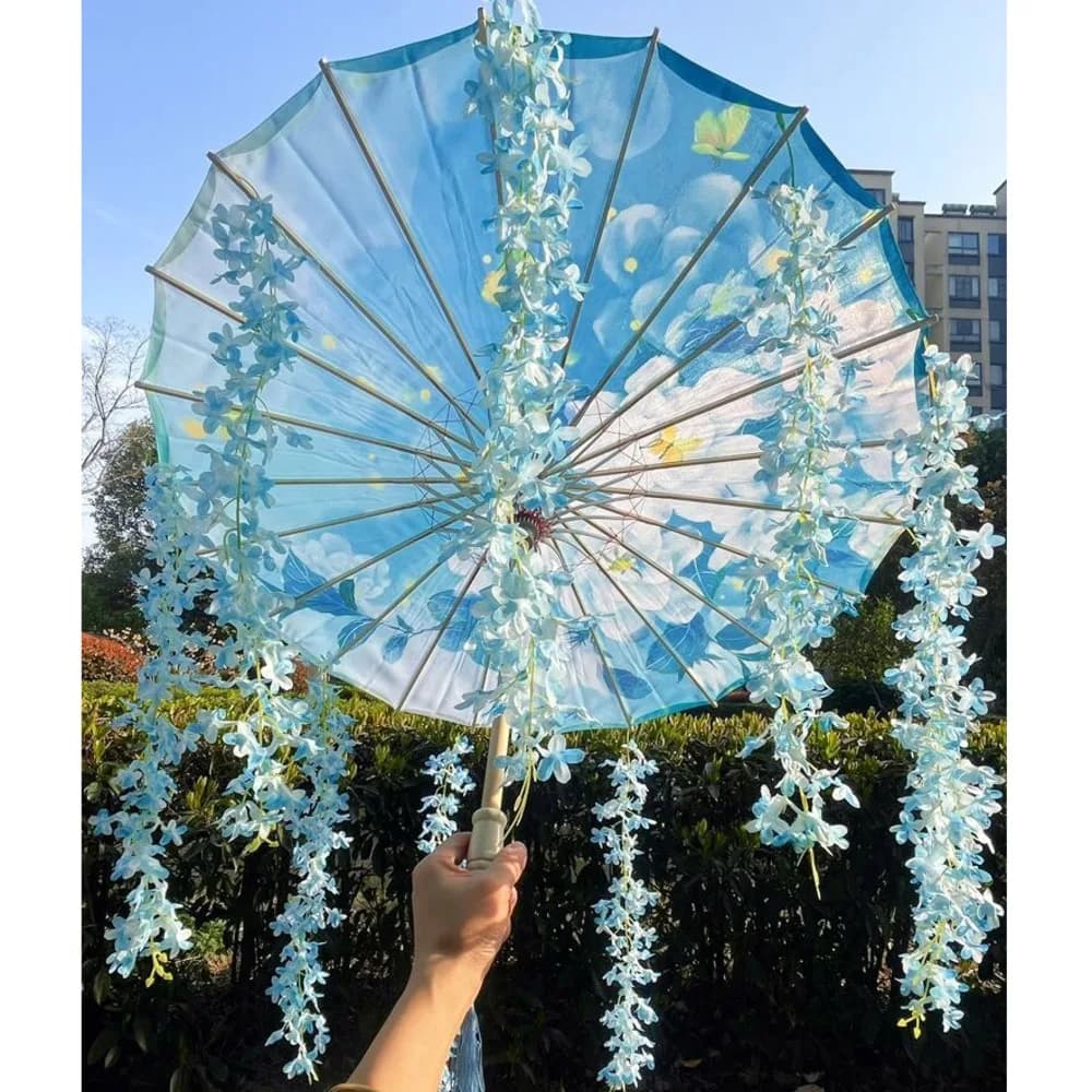 Parapluie Hanfu 82cm bleu ciel fleuri étanche cosplay japonais sakura printemps danse événements