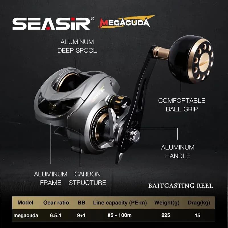 Moulinet baitcasting SeaSir Megacuda 15kg drag, spool profond 9+1 roulements pour pêche jigging en mer et eau salée