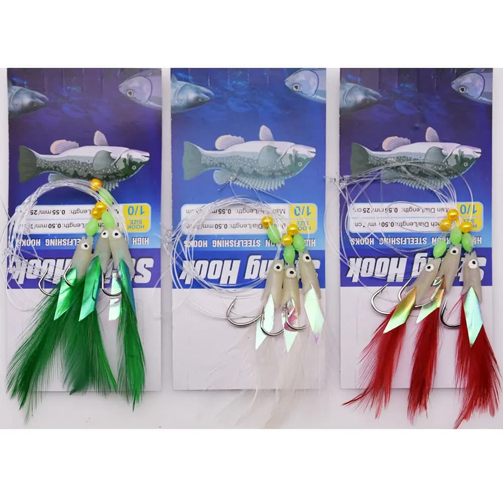 Hameçons plume Mrlurion 3 bras pour pêche en mer bar et maquereau avec montage sabiki
