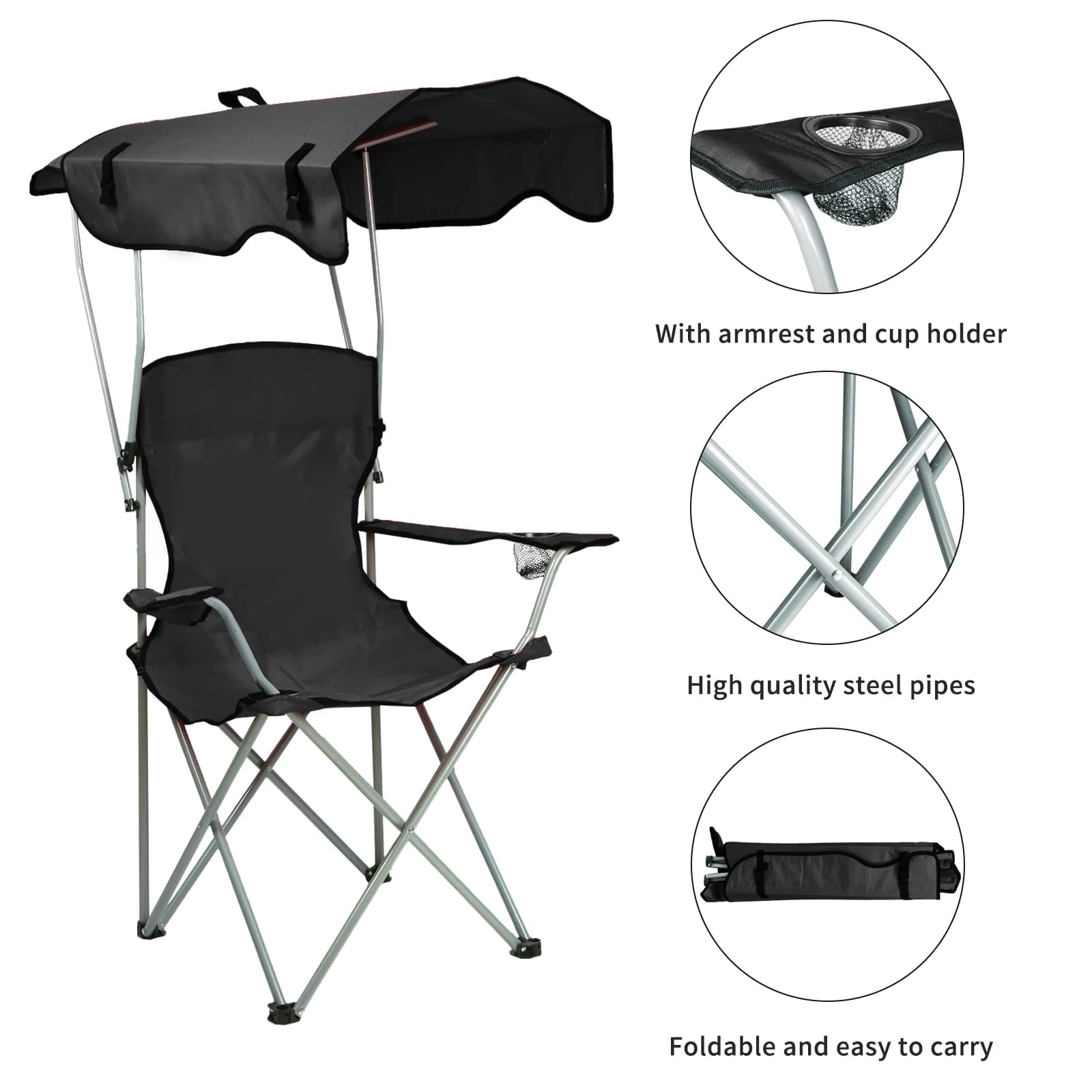 Chaise de pêche pliante avec pare-soleil et porte-gobelet - Siège confortable avec rangement