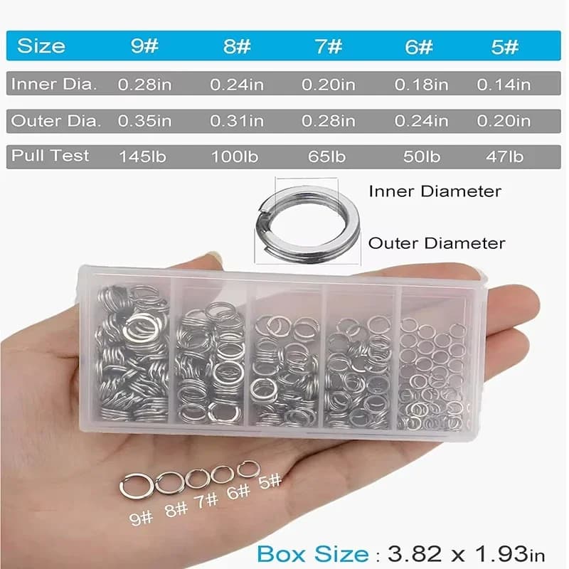 Anneaux ouverts acier inox 5 tailles pour connecter leurres, lot 200/250 pièces pour boîte pêche