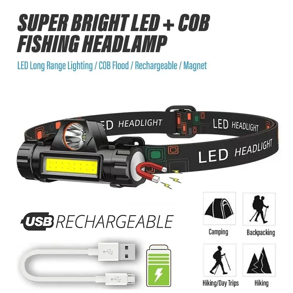 Lampe frontale pêche LED rechargeable 2 modes avec aimant queue détachable pour pêche et camping
