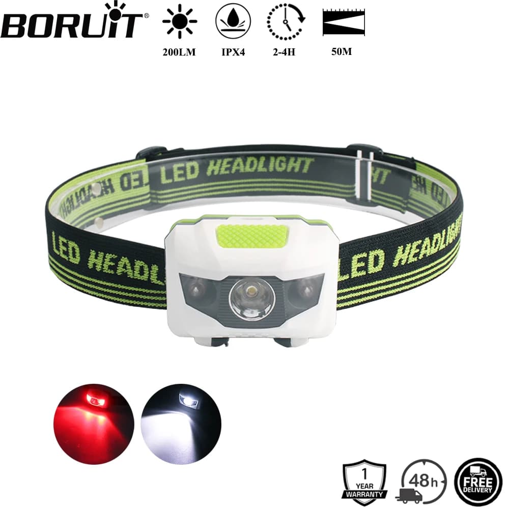 Mini lampe frontale BORUiT LED rouge/blanc 200LM pour pêche légère - 4 modes étanche piles AAA