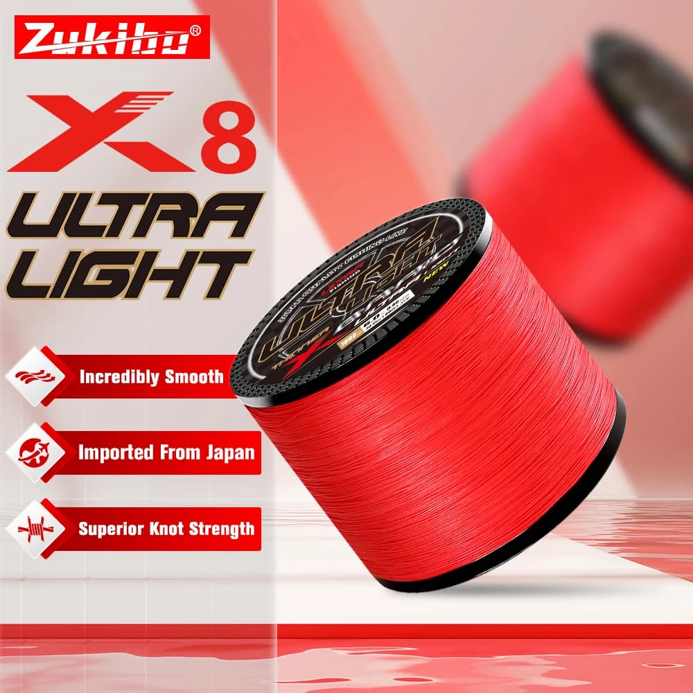 Ligne de pêche PE multifilament 8 brins ZUKIBO ULTRA LIGHT, très fluide et incolore, pour pêche