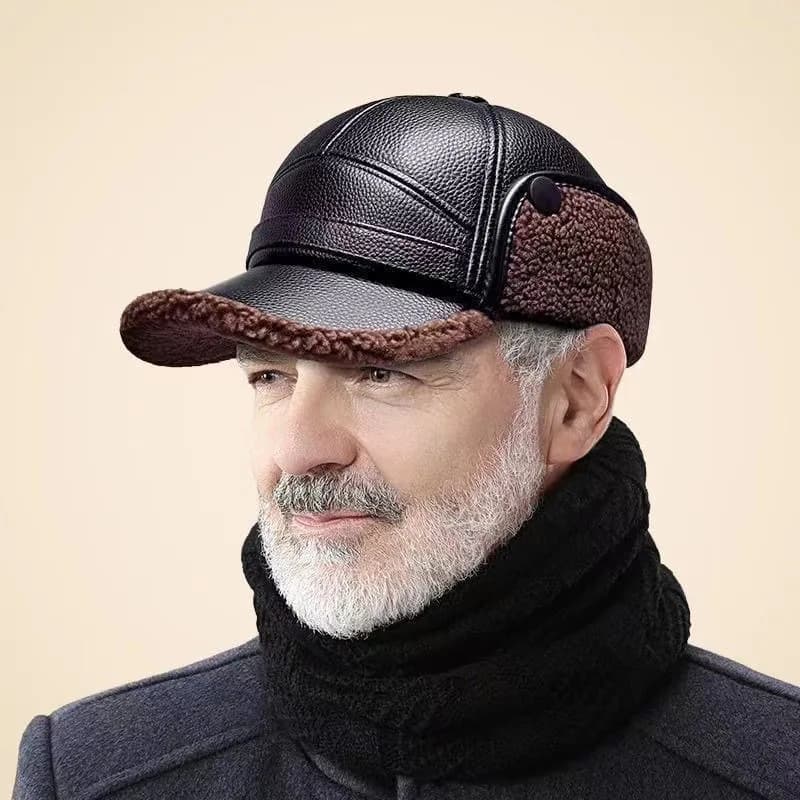 Casquette hiver pêche cuir doublure polaire - Protection oreilles vent - Ski pêche froide